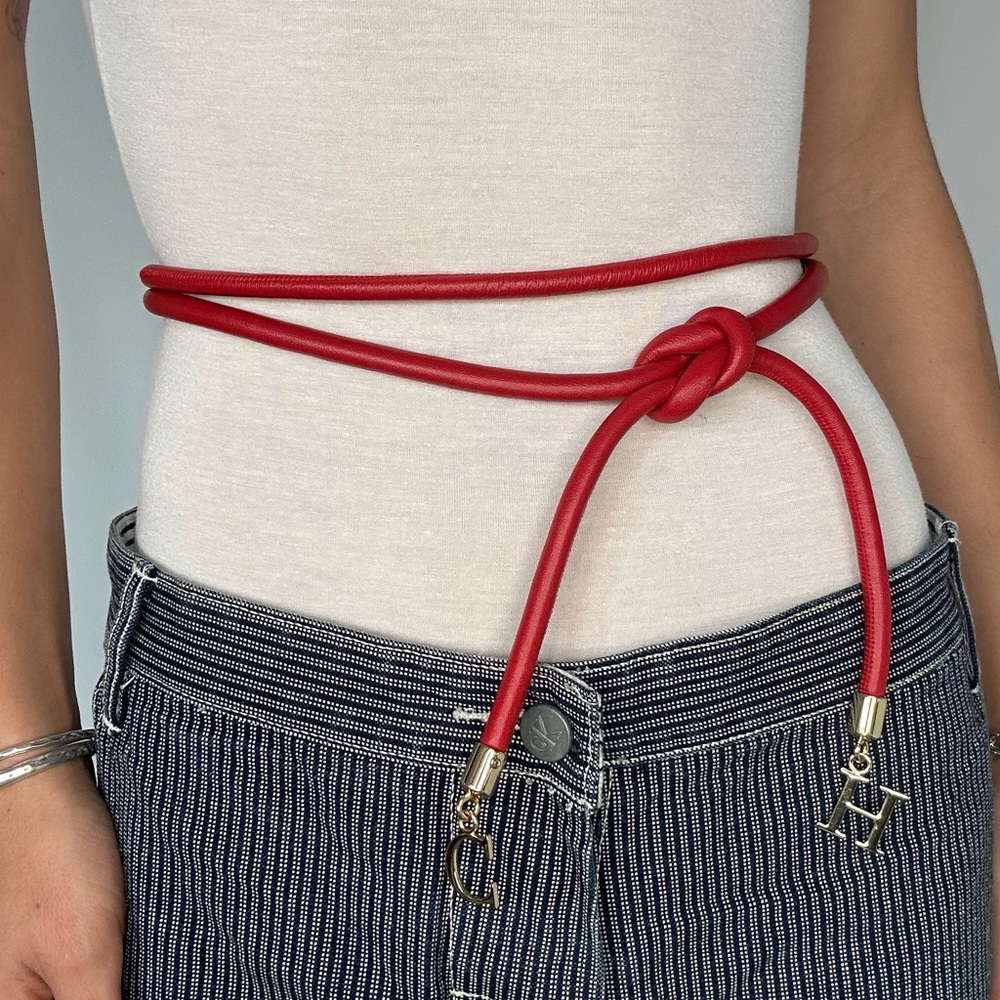 Carolina Herrera Red Leather Cord Belt with Gold CH Charms